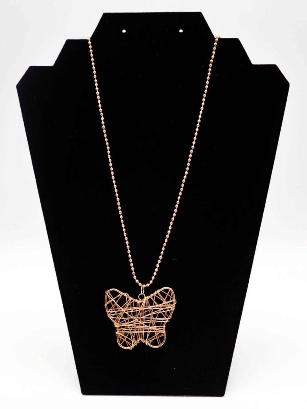 Copper Tone Wire Wrapped Butterfly Pendant Necklace 31"L Ball Chain